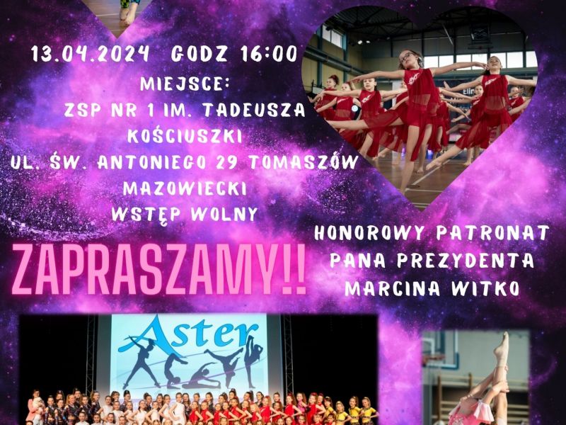 Na zdjęciu plakat koncertu Akademii Tańca Sportowego Aster. Na plakacie zdjęcia występów tancerzy i grup tanecznych