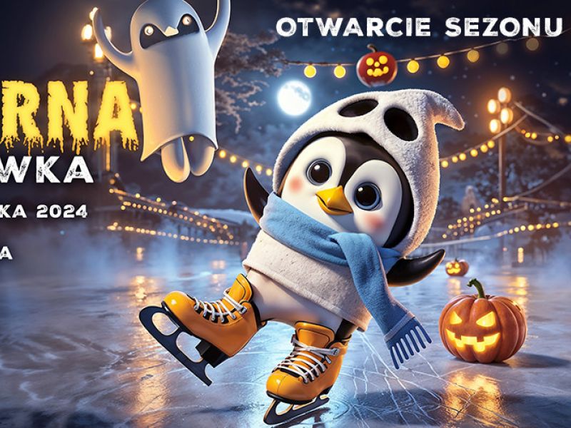 Na zdjęciu baner upiornej ślizgawki z maskotką Areny Lodowej - pingwinem w halloweenowym przebraniu