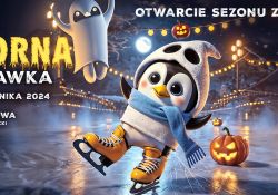 Na zdjęciu baner upiornej ślizgawki z maskotką Areny Lodowej - pingwinem w halloweenowym przebraniu