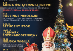 Na zdjęciu plakat z imprezami świątecznymi w grudniu. Na plakacie św. Mikołaj i dekoracje świąteczne
